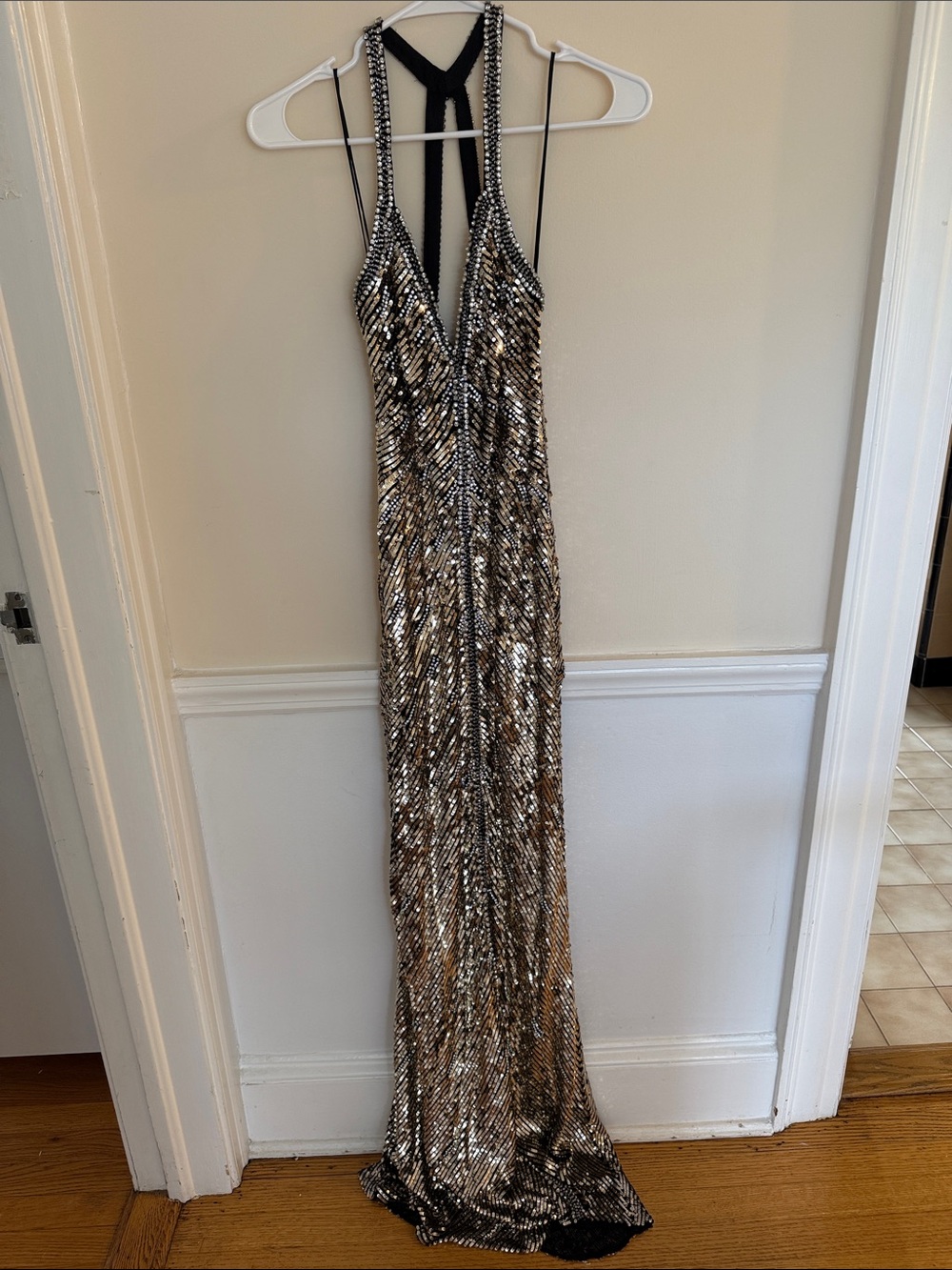 Jenny Packham Silver & Black Sequin Halter Gown